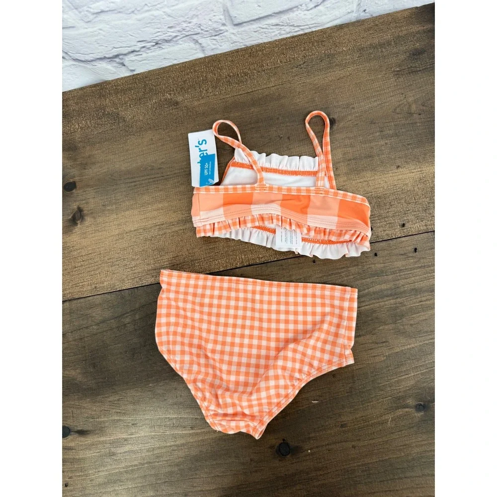Carters Baby Girl 18M Orange Gingham Ruffle Two Piece Swimsuit UPF 50+ NWT